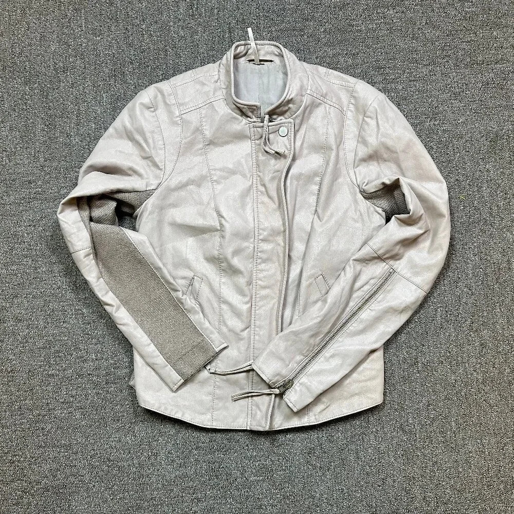 Free People Beige Vegan Leather Moto Jacket Size 8 Minimalist